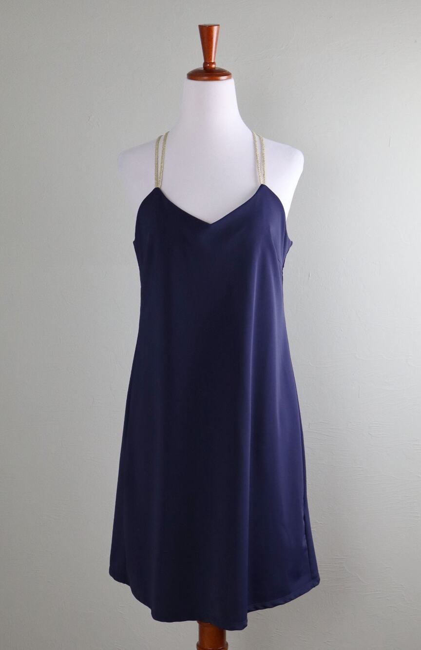 JUDE CONNALLY Smooth Stretch Navy Gold Strap Halter Dress Size Small